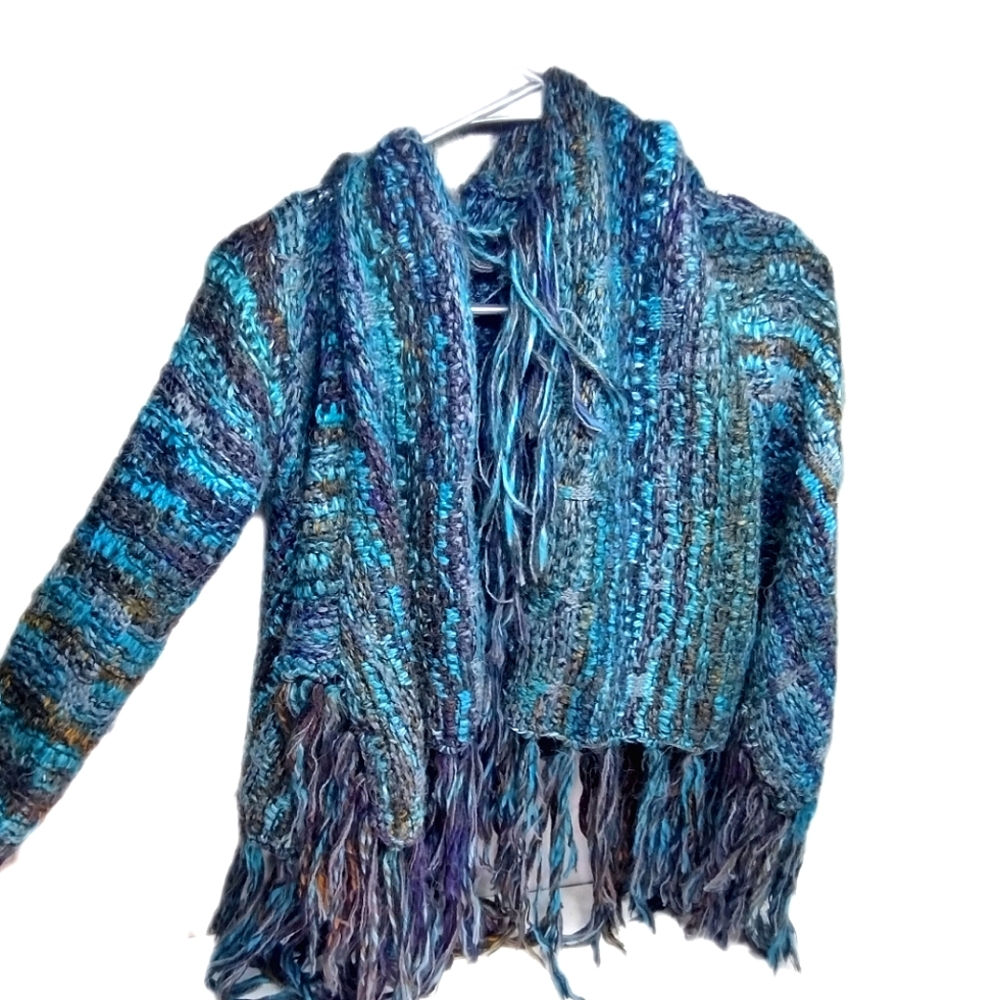 Free People Fringe Blue Fringe Cardigan Shawl Size EXtra Small